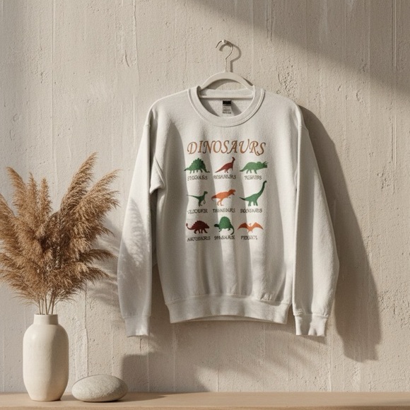 Gildan Other - Gildan Unisex Crewneck Sweater - White with Dinosaur Graphics